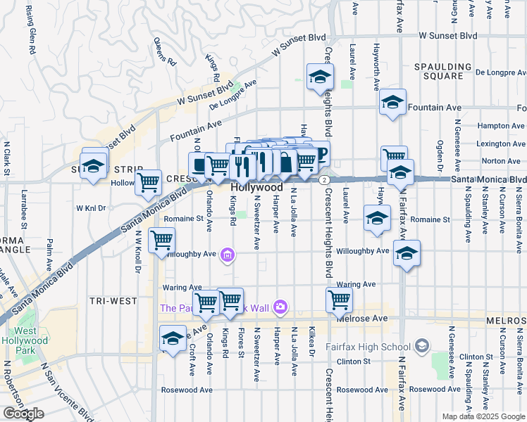map of restaurants, bars, coffee shops, grocery stores, and more near 1005 North Harper Avenue in West Hollywood