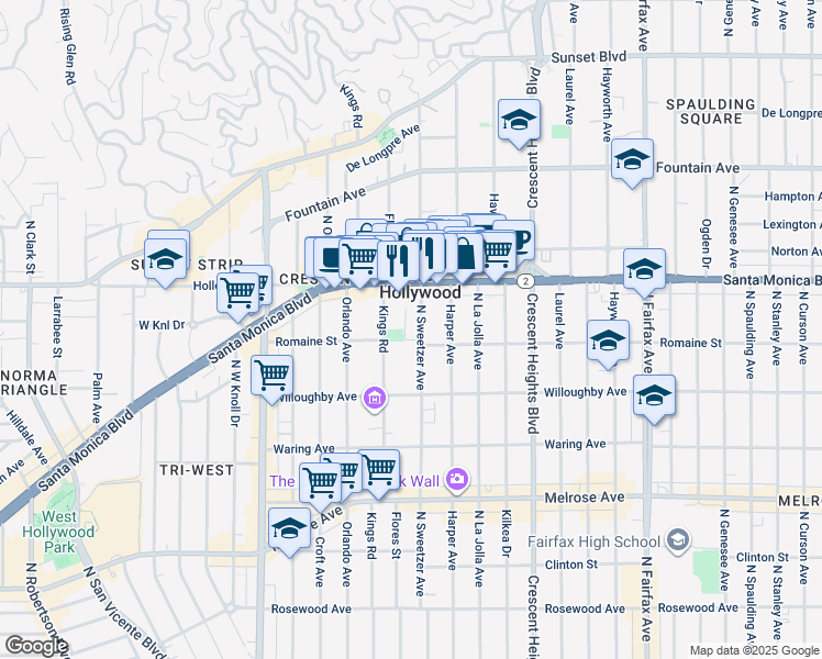 map of restaurants, bars, coffee shops, grocery stores, and more near 1005 North Sweetzer Avenue in West Hollywood