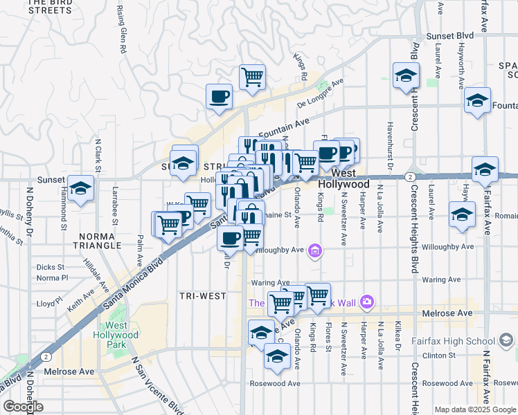 map of restaurants, bars, coffee shops, grocery stores, and more near 1007 North Alfred Street in West Hollywood