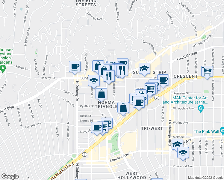 map of restaurants, bars, coffee shops, grocery stores, and more near 965 Larrabee Street in West Hollywood
