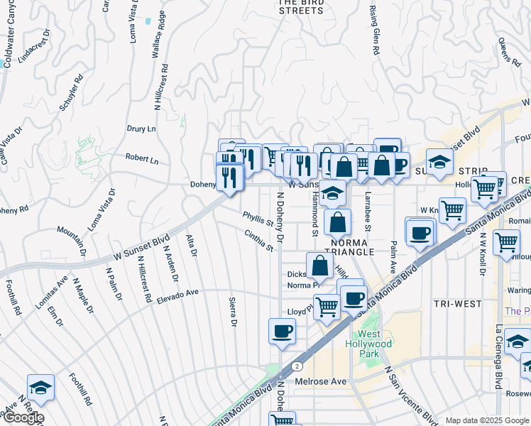 map of restaurants, bars, coffee shops, grocery stores, and more near in West Hollywood