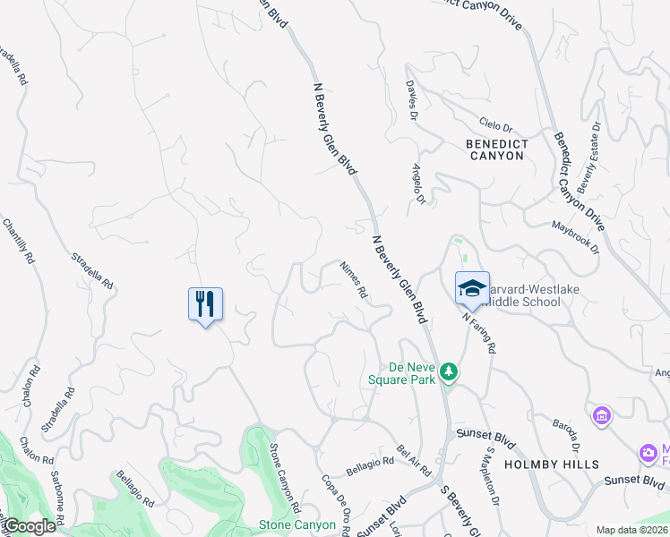 map of restaurants, bars, coffee shops, grocery stores, and more near 701 Nimes Road in Los Angeles