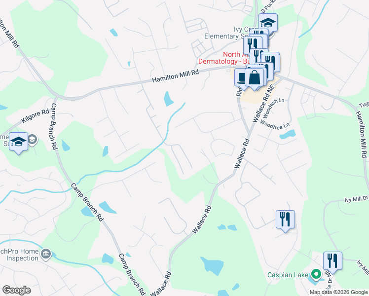 map of restaurants, bars, coffee shops, grocery stores, and more near 3419 Rosecliff Trace Northeast in Buford