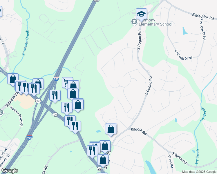 map of restaurants, bars, coffee shops, grocery stores, and more near 3878 Hannahberry Place in Buford