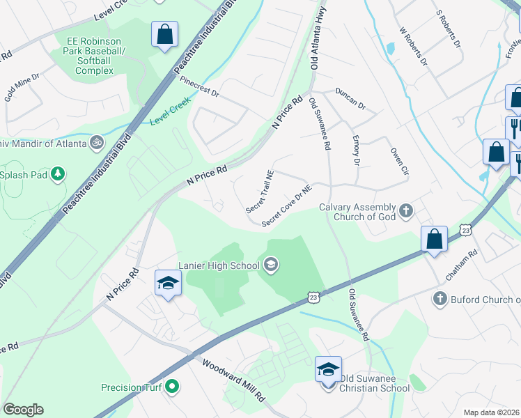 map of restaurants, bars, coffee shops, grocery stores, and more near 1012 Secret Trail Northeast in Sugar Hill