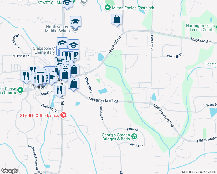 map of restaurants, bars, coffee shops, grocery stores, and more near 1070 Saint Michelle Drive in Alpharetta