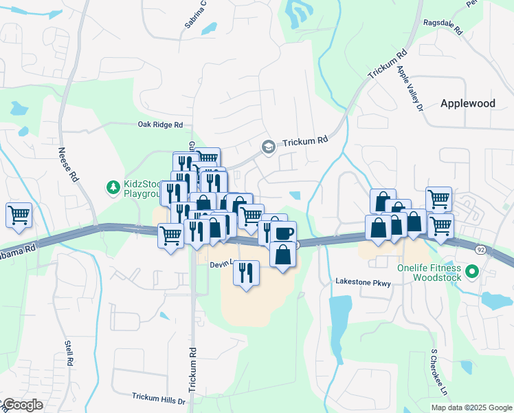 map of restaurants, bars, coffee shops, grocery stores, and more near 329 Acuba View in Woodstock