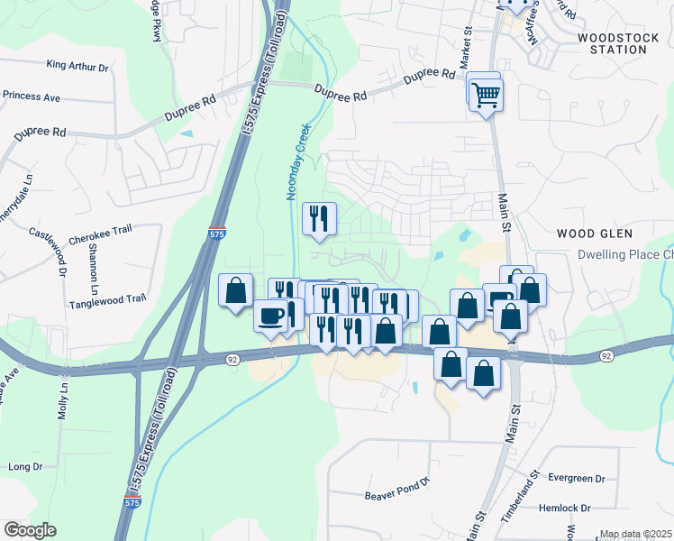 map of restaurants, bars, coffee shops, grocery stores, and more near 413 Creekstone Ridge in Woodstock
