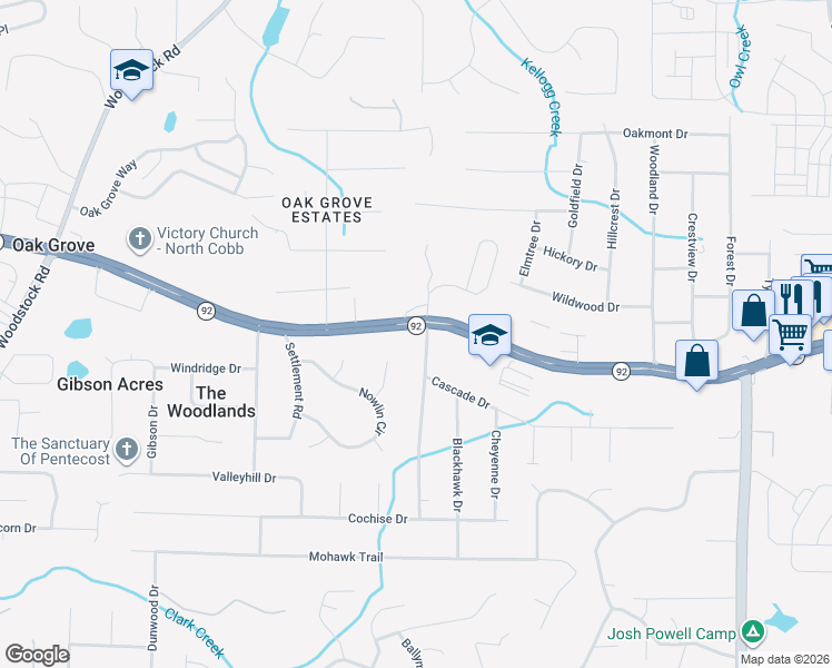 map of restaurants, bars, coffee shops, grocery stores, and more near 5623 Seminole Way in Acworth