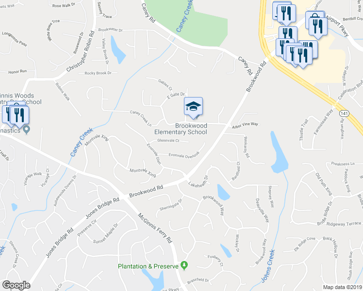 map of restaurants, bars, coffee shops, grocery stores, and more near 3730 Glennvale Court in Cumming