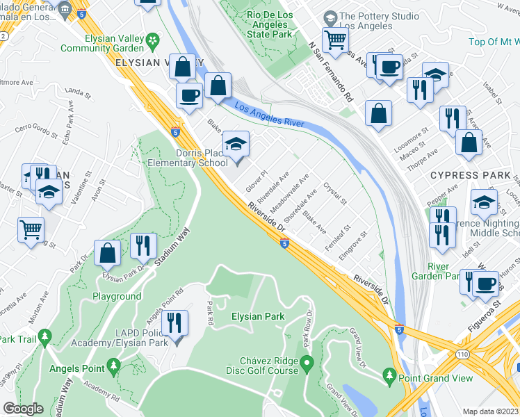 map of restaurants, bars, coffee shops, grocery stores, and more near 1361 Riverside Drive in Los Angeles