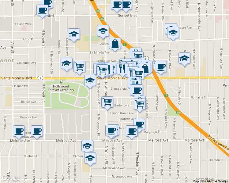 map of restaurants, bars, coffee shops, grocery stores, and more near 5526 Sierra Vista Avenue in Los Angeles