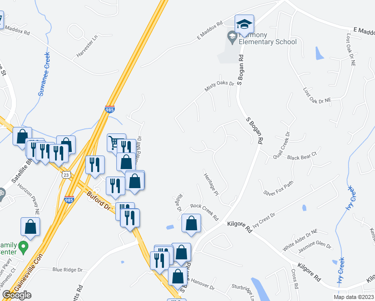 map of restaurants, bars, coffee shops, grocery stores, and more near 3878 Hannahberry Place in Buford