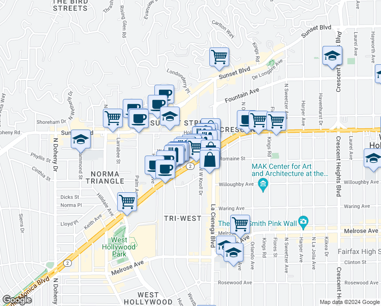 map of restaurants, bars, coffee shops, grocery stores, and more near West Drive in Los Angeles