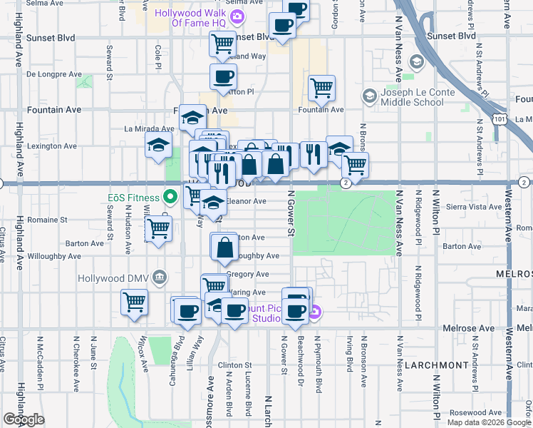 map of restaurants, bars, coffee shops, grocery stores, and more near 6101 Romaine Street in Los Angeles