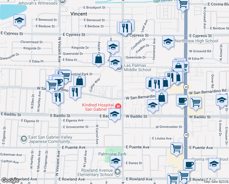 map of restaurants, bars, coffee shops, grocery stores, and more near 1343 West San Bernardino Road in Covina