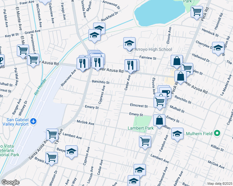 map of restaurants, bars, coffee shops, grocery stores, and more near 11217 Mulhall Street in El Monte