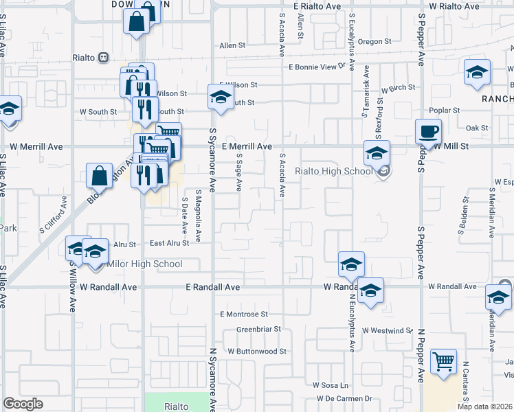 map of restaurants, bars, coffee shops, grocery stores, and more near 670 South Marcella Avenue in Rialto