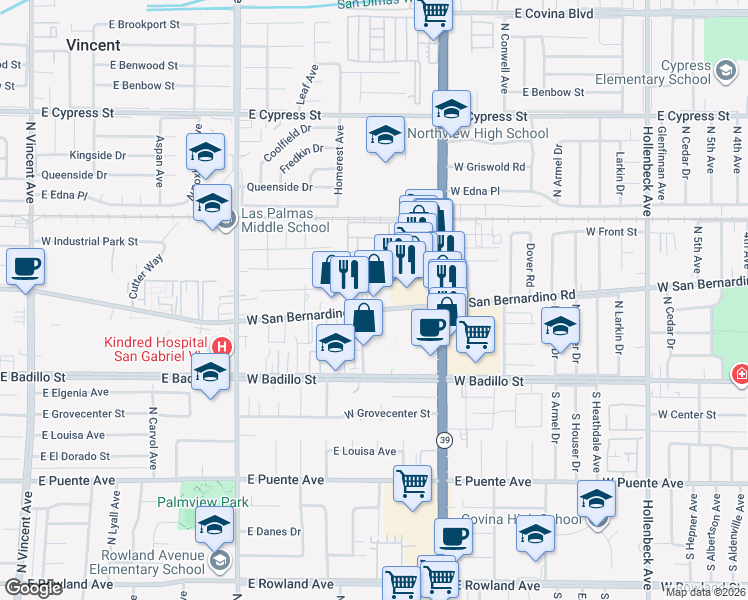map of restaurants, bars, coffee shops, grocery stores, and more near 1025 West San Bernardino Road in Covina