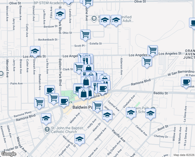map of restaurants, bars, coffee shops, grocery stores, and more near 14451 Palmrose Street in Baldwin Park