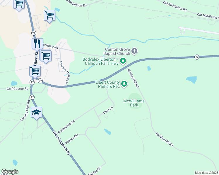 map of restaurants, bars, coffee shops, grocery stores, and more near 1264 Robinwood Lane in Elberton