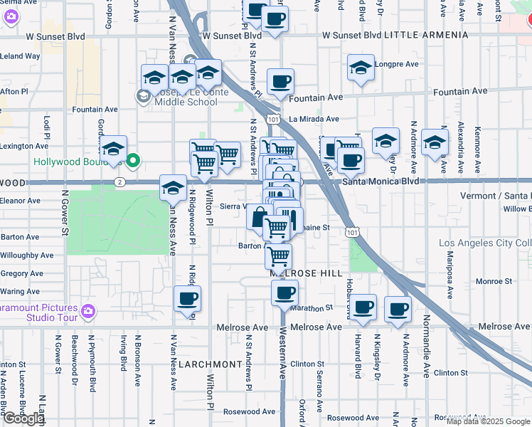map of restaurants, bars, coffee shops, grocery stores, and more near 5426 Sierra Vista Avenue in Los Angeles