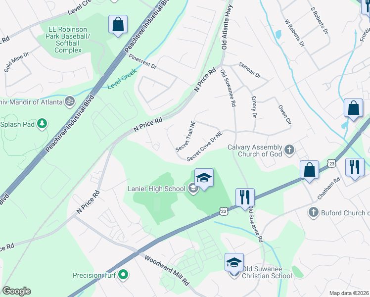 map of restaurants, bars, coffee shops, grocery stores, and more near 1012 Secret Trail Northeast in Sugar Hill