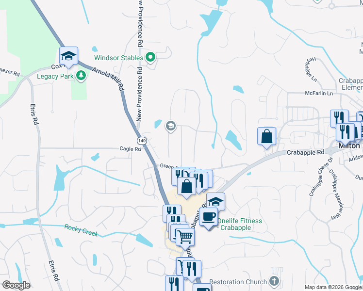 map of restaurants, bars, coffee shops, grocery stores, and more near 465 Waterhaven Lane in Alpharetta