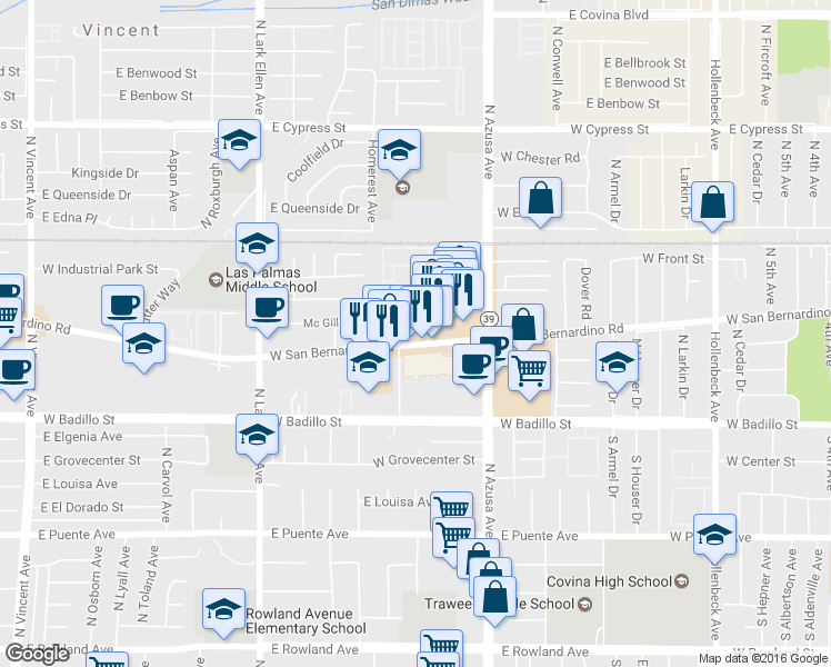 map of restaurants, bars, coffee shops, grocery stores, and more near 1025 W San Bernardino Rd in Covina