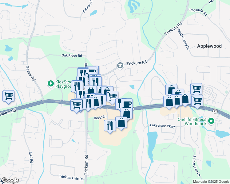 map of restaurants, bars, coffee shops, grocery stores, and more near 329 Acuba View in Woodstock