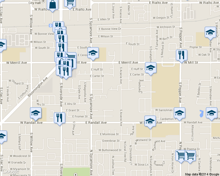 map of restaurants, bars, coffee shops, grocery stores, and more near 670 South Marcella Avenue in Rialto