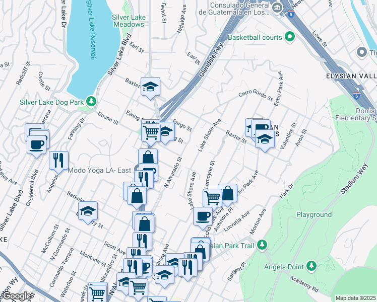 map of restaurants, bars, coffee shops, grocery stores, and more near 1936 North Alvarado Street in Los Angeles