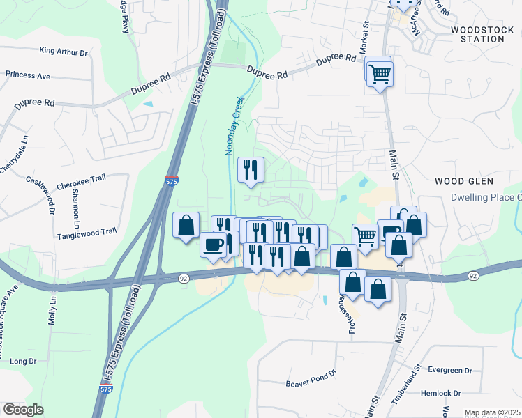 map of restaurants, bars, coffee shops, grocery stores, and more near 413 Creekstone Ridge in Woodstock