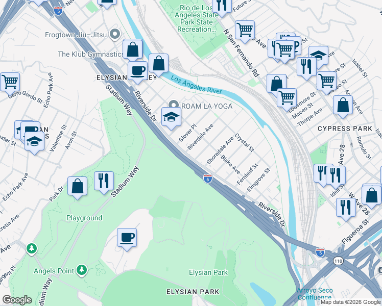 map of restaurants, bars, coffee shops, grocery stores, and more near 2224 Riverdale Avenue in Los Angeles