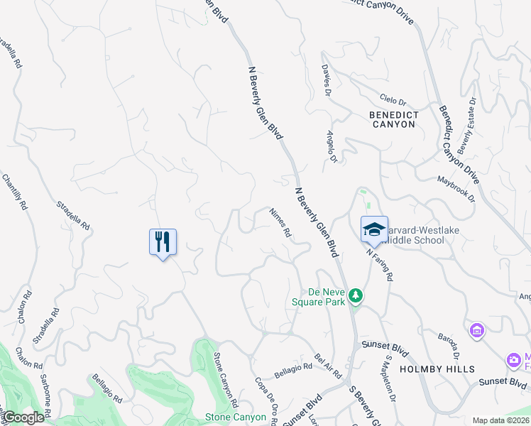 map of restaurants, bars, coffee shops, grocery stores, and more near 701 Nimes Road in Los Angeles