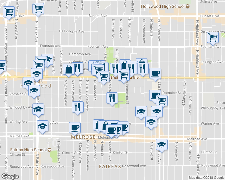 map of restaurants, bars, coffee shops, grocery stores, and more near 1016 North Martel Avenue in West Hollywood