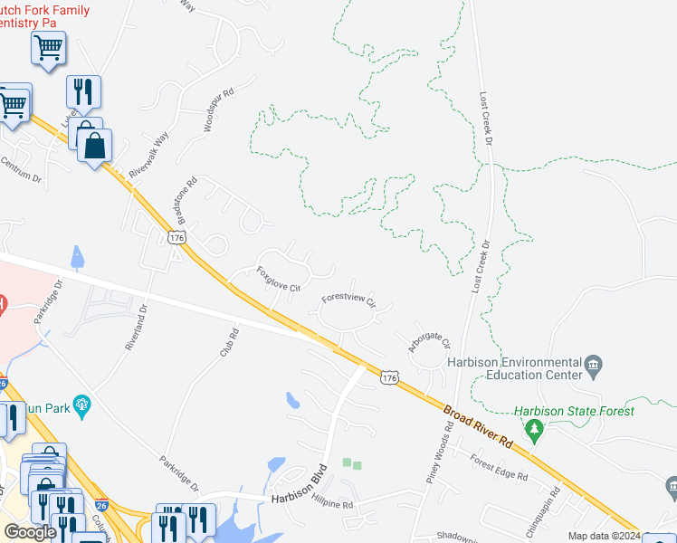 map of restaurants, bars, coffee shops, grocery stores, and more near 26 Periwinkle Court in Irmo