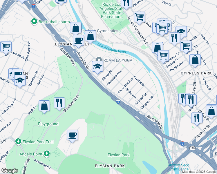 map of restaurants, bars, coffee shops, grocery stores, and more near 2224 Riverdale Avenue in Los Angeles
