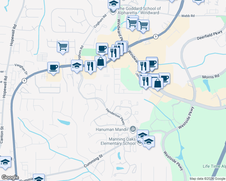 map of restaurants, bars, coffee shops, grocery stores, and more near 2774 Ashleigh Lane in Alpharetta