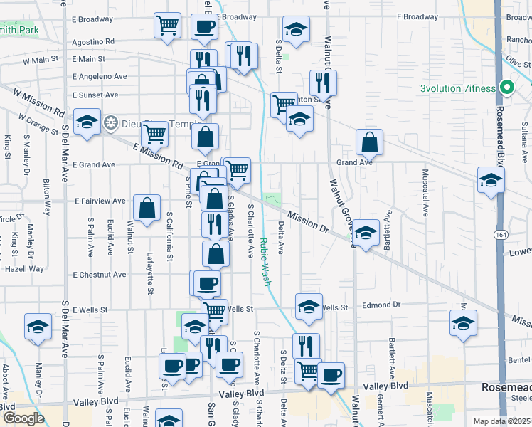 map of restaurants, bars, coffee shops, grocery stores, and more near 8330 Mission Drive in Rosemead