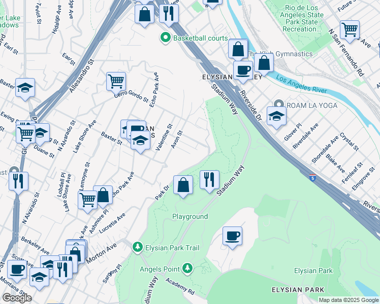map of restaurants, bars, coffee shops, grocery stores, and more near 1435 Avon Terrace in Los Angeles