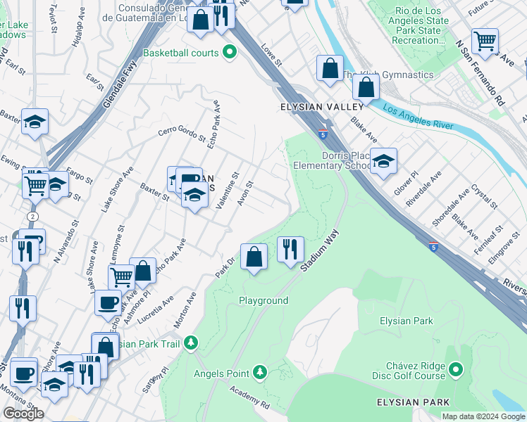 map of restaurants, bars, coffee shops, grocery stores, and more near 1435 Avon Terrace in Los Angeles