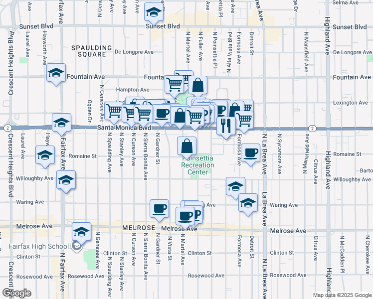 map of restaurants, bars, coffee shops, grocery stores, and more near 1016 North Martel Avenue in West Hollywood