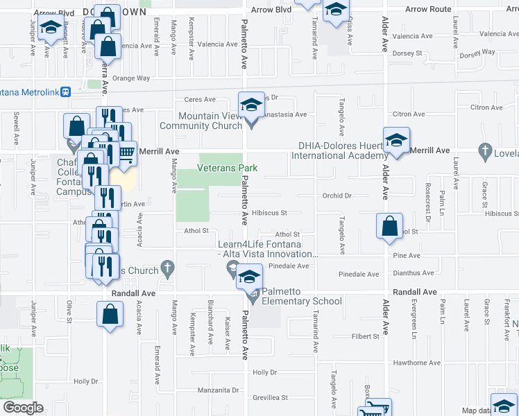 map of restaurants, bars, coffee shops, grocery stores, and more near 17336 Hibiscus Street in Fontana
