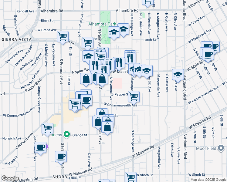 map of restaurants, bars, coffee shops, grocery stores, and more near 150 South Raymond Avenue in Alhambra
