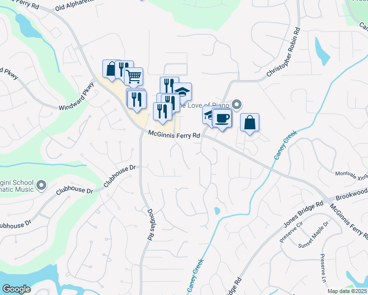 map of restaurants, bars, coffee shops, grocery stores, and more near 12800 Wyngate Trail in Alpharetta