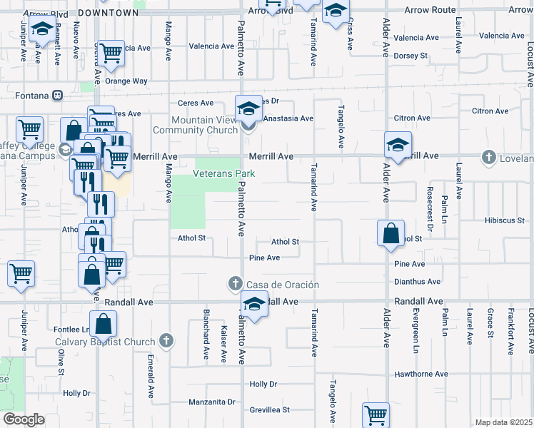 map of restaurants, bars, coffee shops, grocery stores, and more near 17336 Hibiscus Street in Fontana