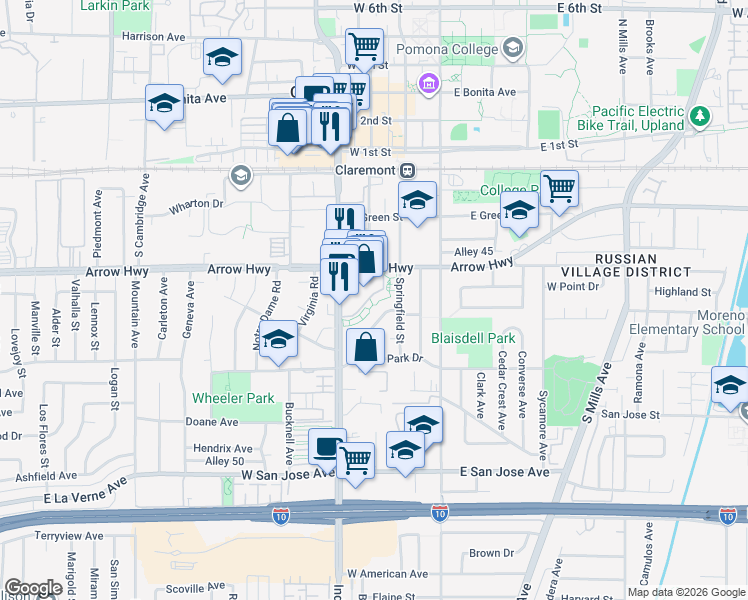 map of restaurants, bars, coffee shops, grocery stores, and more near 410 South Indian Hill Boulevard in Claremont