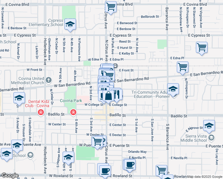 map of restaurants, bars, coffee shops, grocery stores, and more near Pummelo Plaza in Covina