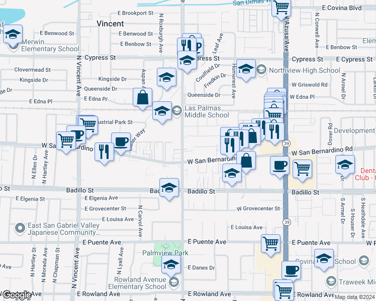 map of restaurants, bars, coffee shops, grocery stores, and more near 534 North Lark Ellen Avenue in Covina